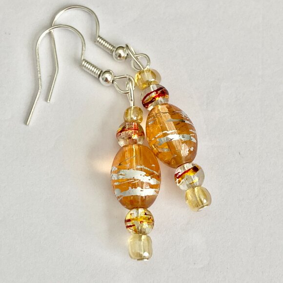 Peach Orange Murano Art Glass Earrings Bead Hand Painted Round Silver Plated - Picture 6 of 8